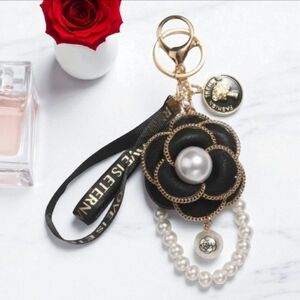 Exquisite Black Camellia Floral Keychain / Bag Charm with Pearl Accent